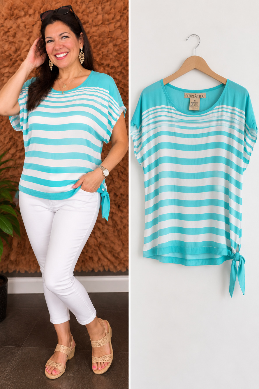 Antilia Femme Turquoise & White Striped Dolman Sleeve Tie Hem Top Size M NWT